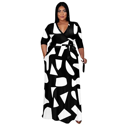 Runwind Plus Size Maxi Dresses - 3/4 Sleeve V Neck
