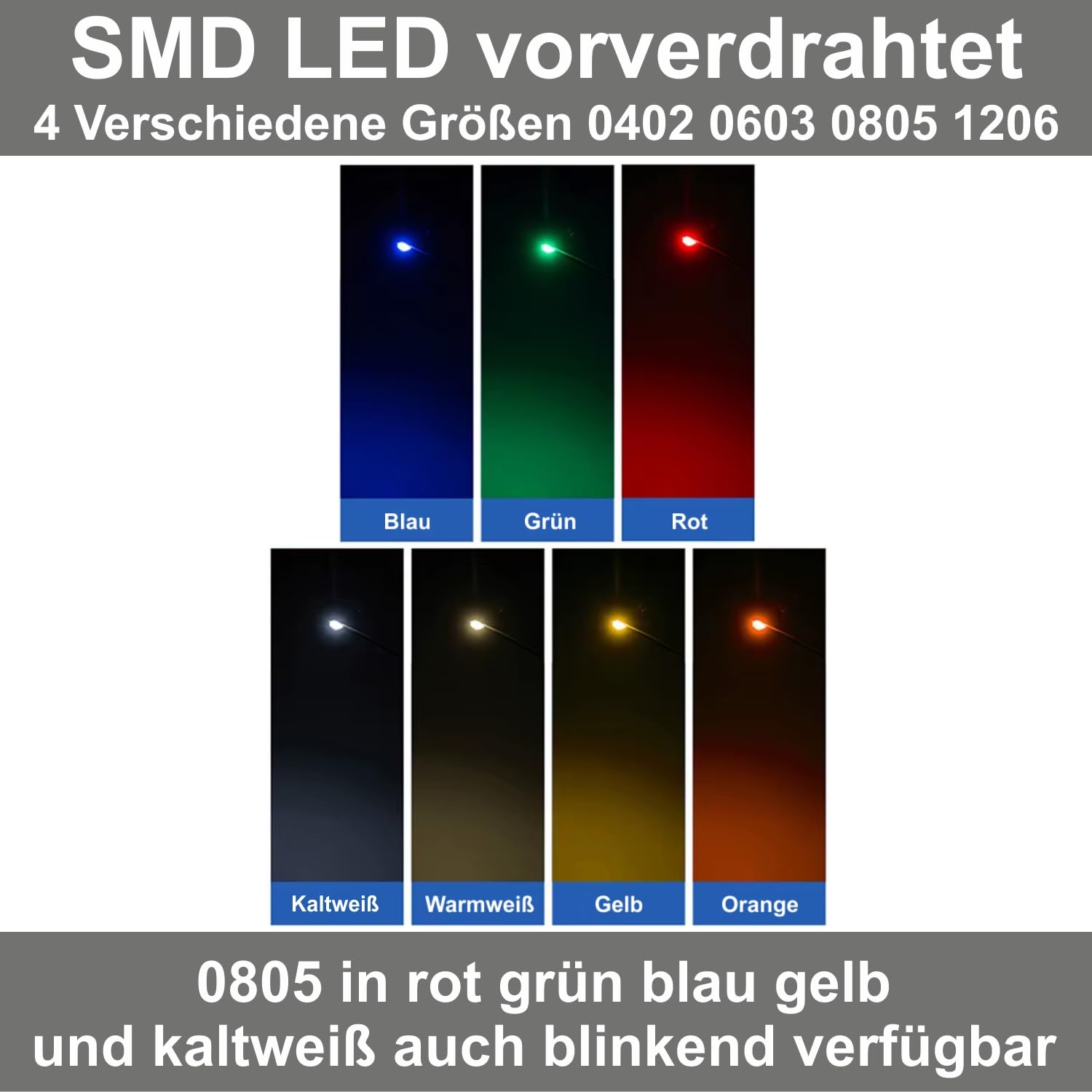 Overdrive-Racing SMD LED 2,8v-3,4v - 0402 0603 0805 1206 - mit Kabel 30cm Mikrolitze Verlötet Verkabelt - Modellbau Beleuchtung, SMD Farbe:0805 Rot blinkend, SMD Menge:100 Stück
