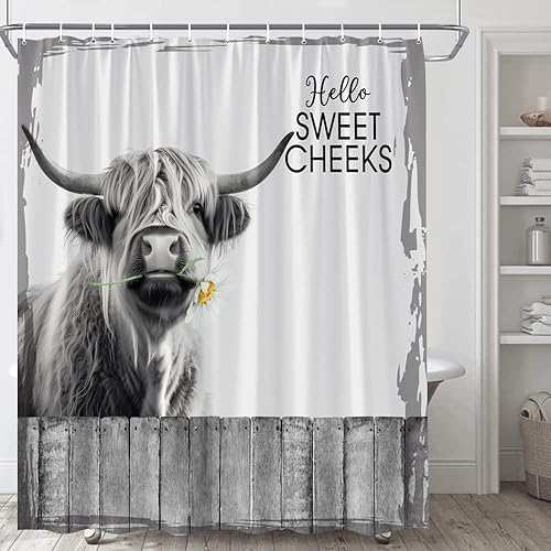 Cortina de ducha de vaca de las tierras altas de granja gris, linda y divertida con ganado de cuerno largo rústico occidental con margaritas