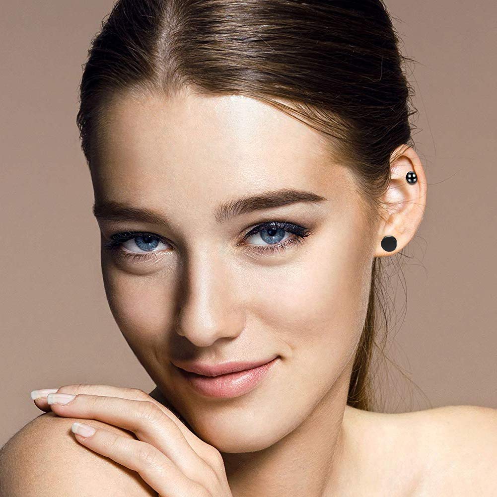 JeryWe 9 Paia Orecchini Borchie per Uomini Donne Acciaio Inossidabile Tondo Argento Nero Orecchini Finta Spina Orecchie Orecchio Vite Barbell Plugs Faux Misure Tunnel Orecchio 8MM