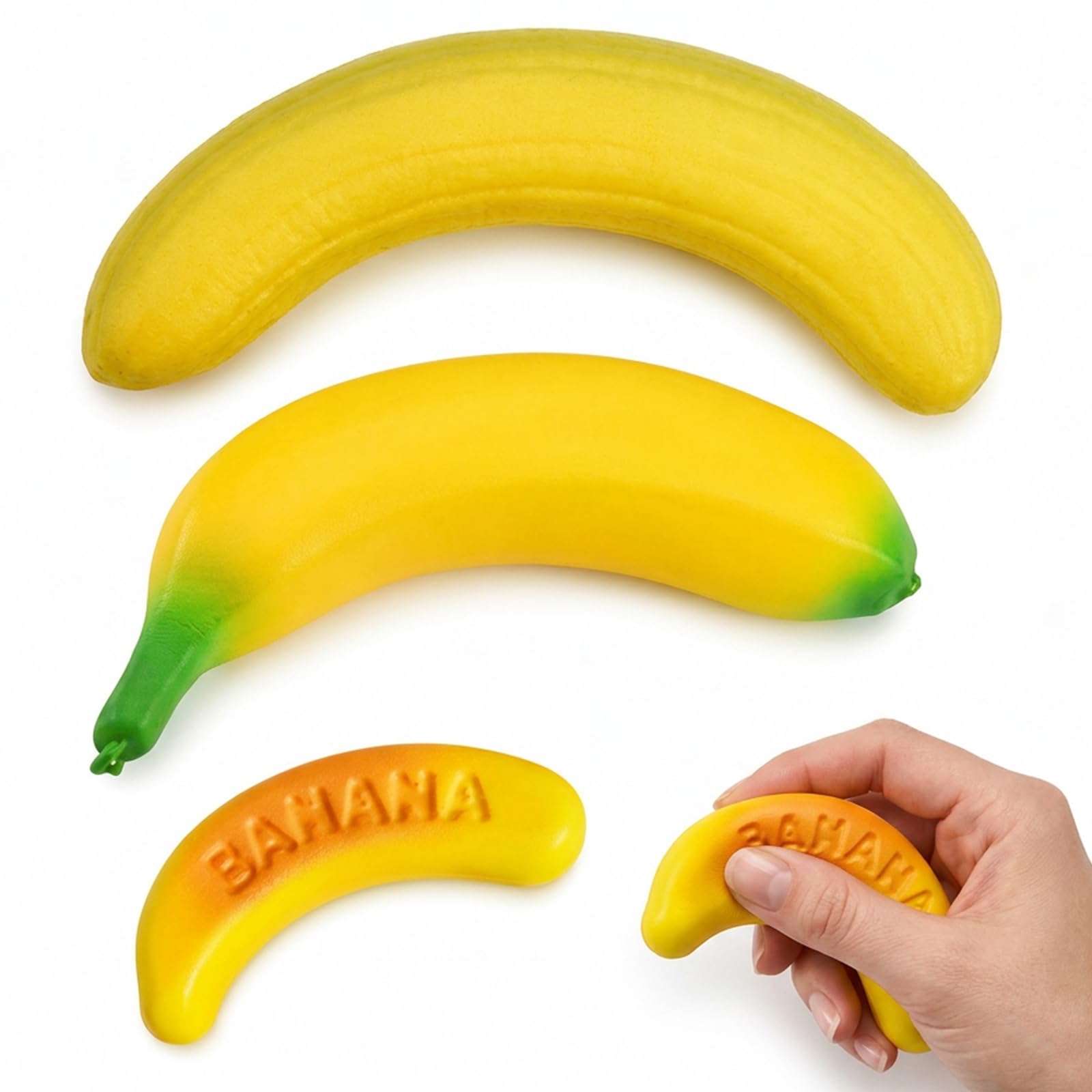 suction 3 PCS Banana Squishy, Giant Squishy Banana, Stress Relief Tool for Office Workers, Three Piece Set Including 20 cm Peeled, 18 cm Yellow and 5 cm Printed Bananas