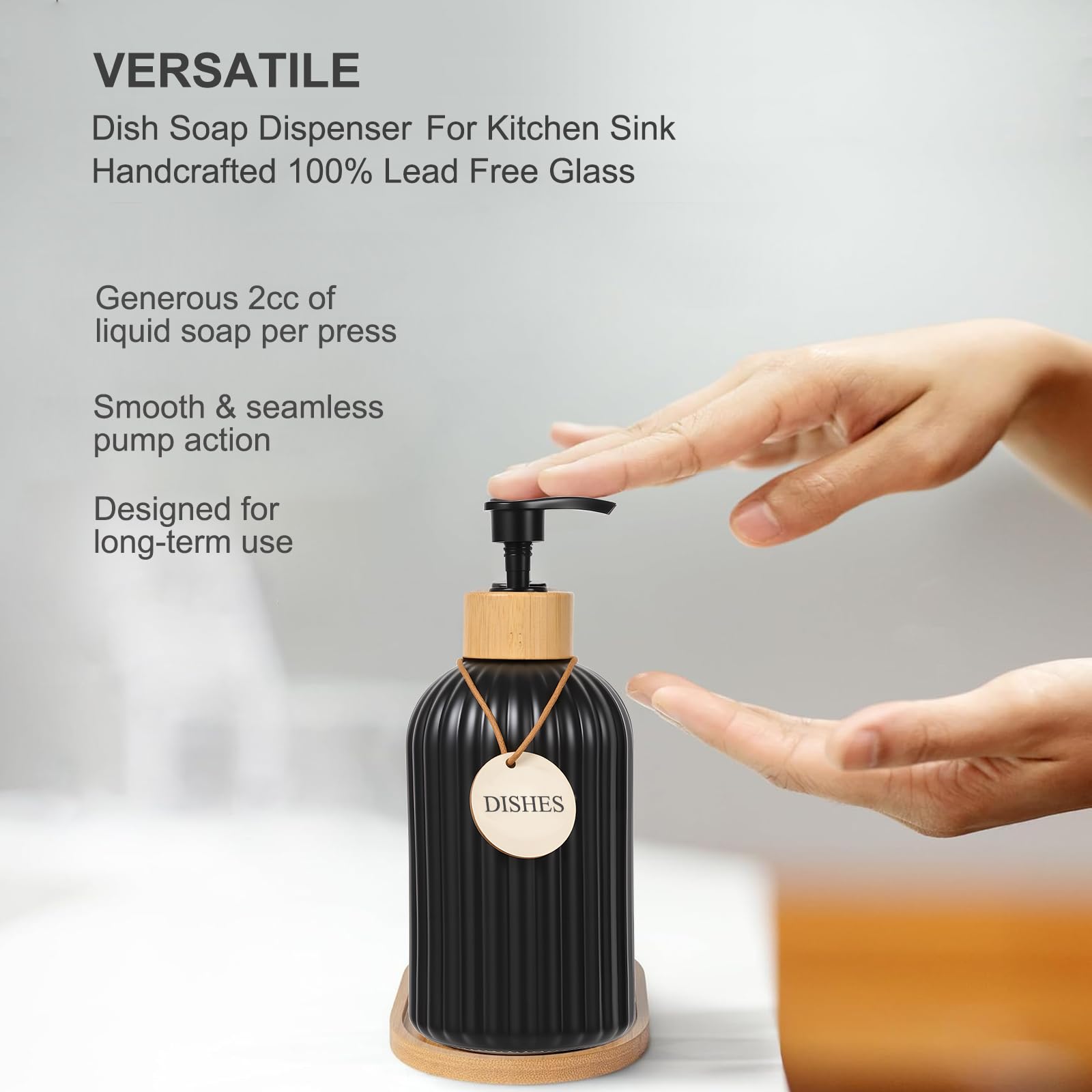 Dispenser di sapone per le mani in vetro con pompa in bambù, elegante dispenser di sapone liquido ricaricabile con vassoio, perfetto per cucina e bagno