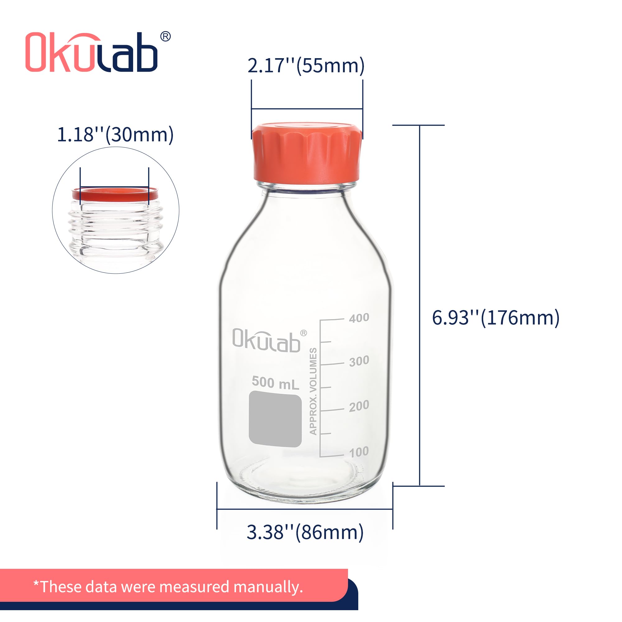 4 botellas redondas de almacenamiento de medios de 500 ml, vidrio de borosilicato 3.3, con tapas de rosca GL45 en material de polipropileno, GL45RB500A4