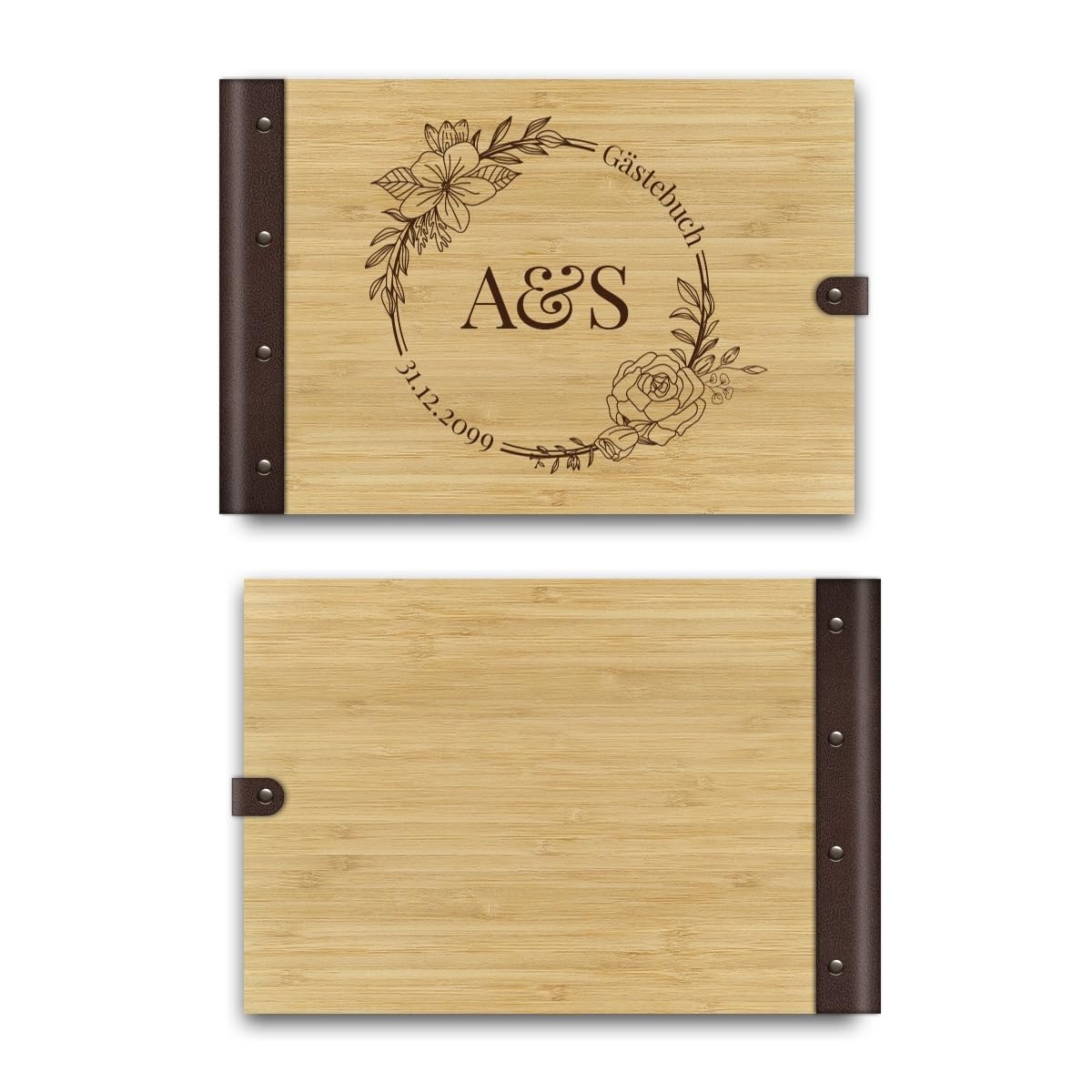 Personalisiertes Hochzeit Gästebuch echtes Holz DIN A4 Hochzeitsbuch mit Lasergravur - Blumen Initialen - mit 72 Blatt / 144 Seiten Naturpapier Weiß