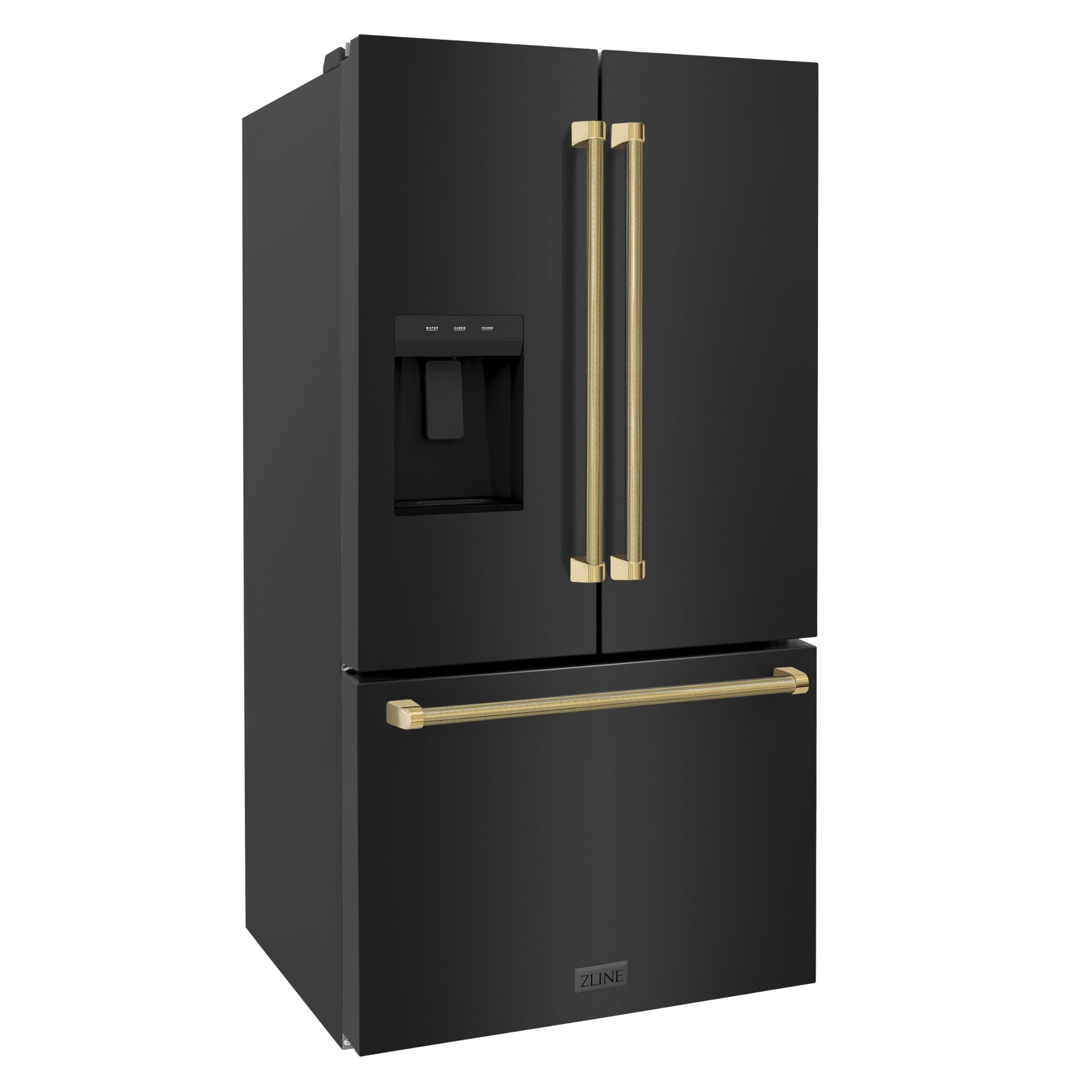 ZLINE Autograph Edition 36 in. 28.9 cu. ft. Standard-Depth French Door External Water Dispenser Refrigerator with Dual Ice Maker in Fingerprint-Resistant Black Stainless Steel and Gold Helix Handles on Fridge.com