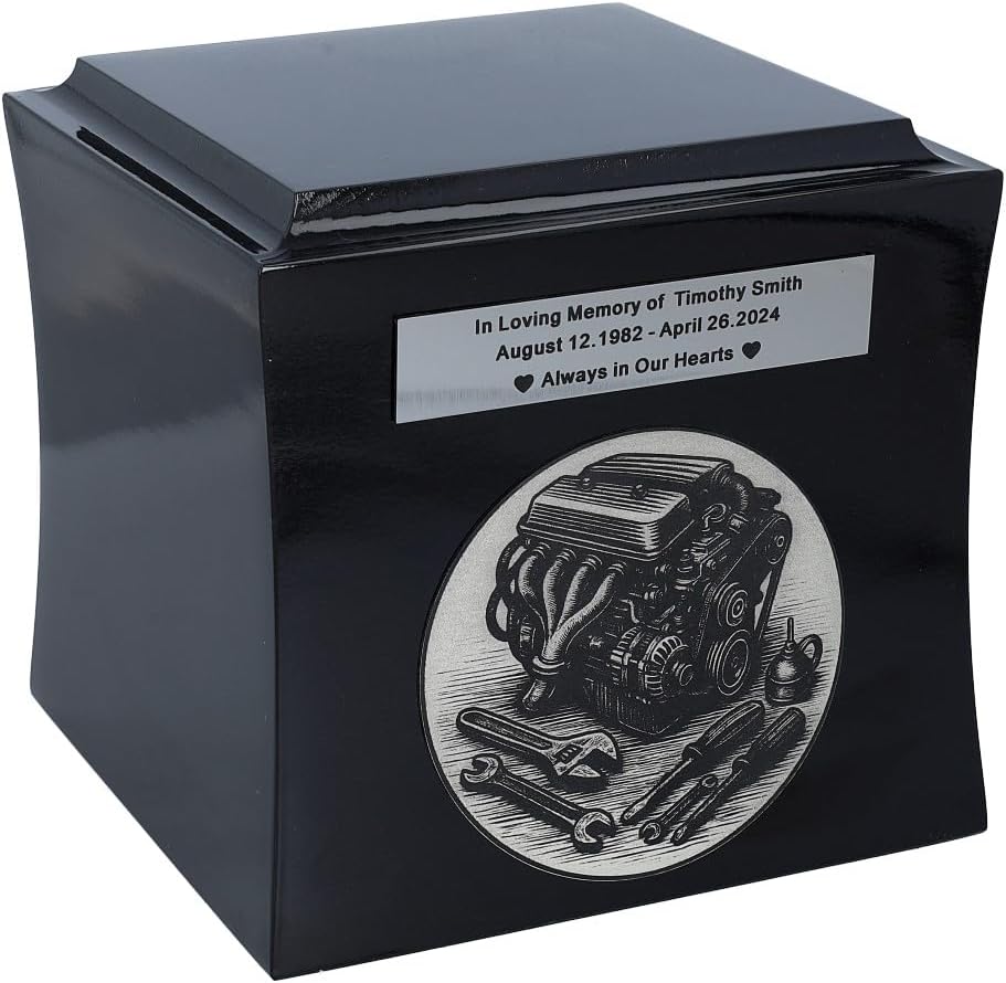 Cremation urn for a Mechanic Urn for a Cars Lover Final Resting Place for car Lover (Black/Design1/Plaque)