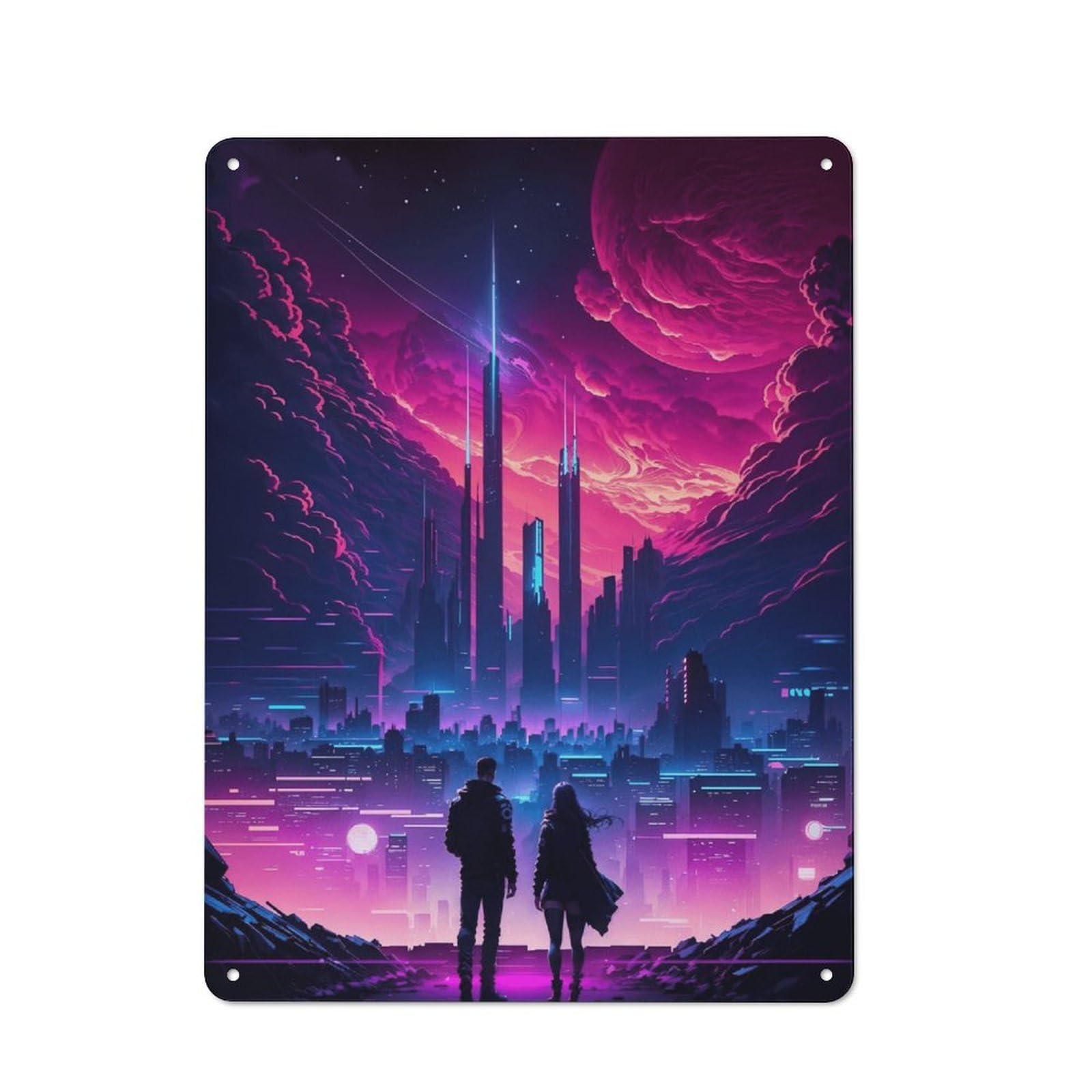 Junmoney Style-3 Neon Cityscape Cyberpunk Dreamscape Printed Metal Sign 40X30cm For Home Office Or Studio, A Christmas Gift For People Styling Home Office And Studio