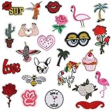 Iron On Patches 24 Pieces - Assorted Cool Patches Fabric Embroidered Patches Motif Applique Kit Decoration, DIY Sew on Patch For Clothing, Jeans Jacket, Handbag, Backpacks, Skirts, Canvas Shoes, Caps