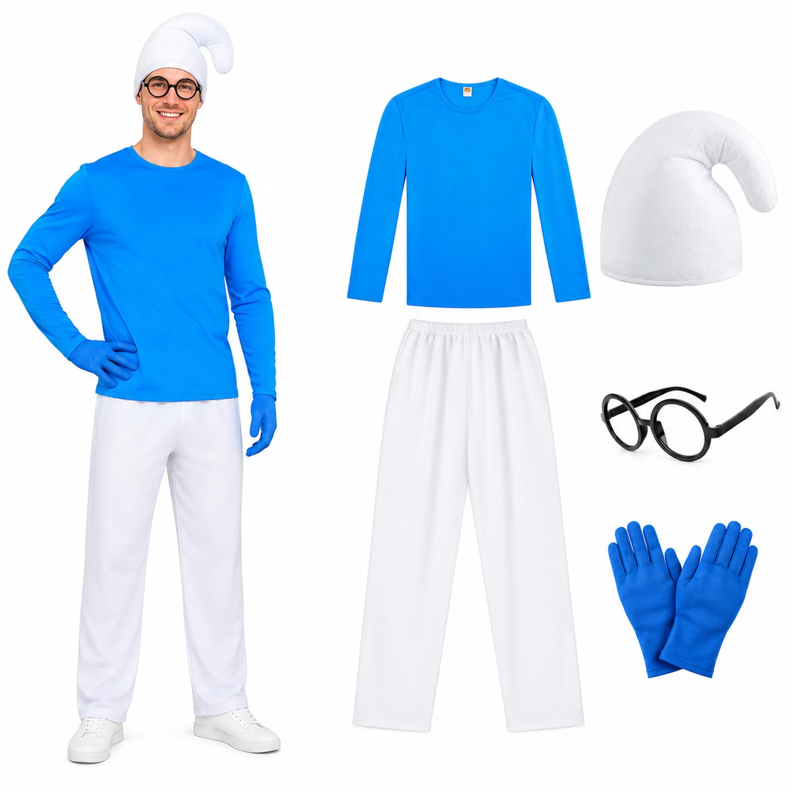 Adult Gnome Costume Sets Blue Elf Outfit Shirt Pants and Hat Gloves Blue Elf Fancy Dress Halloween Cosplay Party(Red,XL)