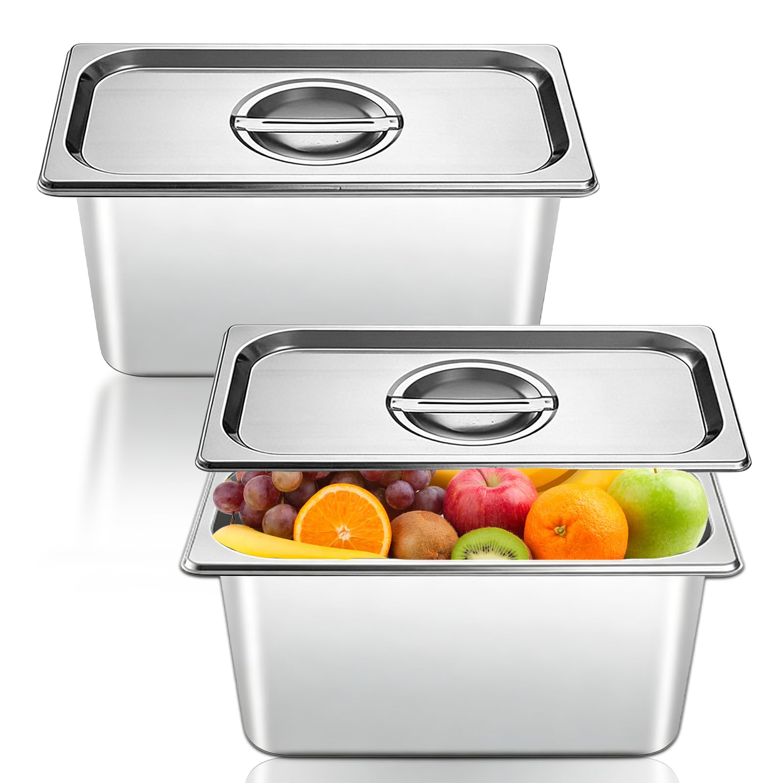 PRITOK Stainless Steel Gastronorm Pan: 2PCS Square Stainless Steel Food Containers with Lids, Deep Gastronorm Pan with Lids, Bain Marie Food Containers, for Kitchens and Catering 32.5×17.5×15cm/Silver