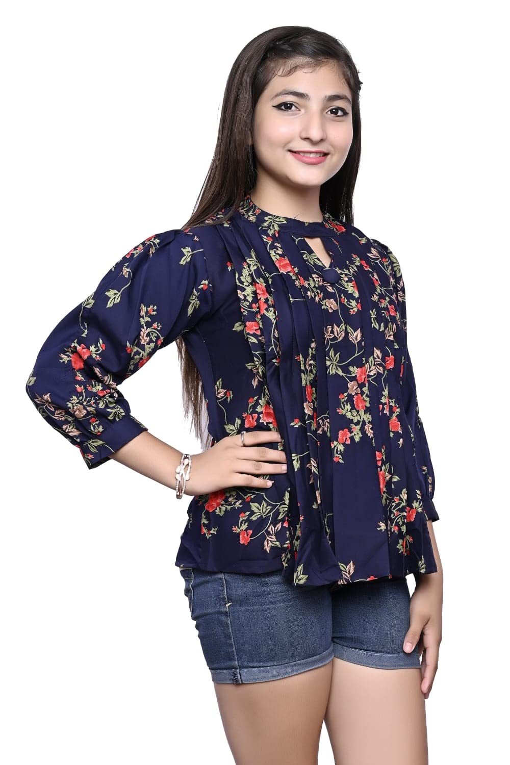 ORIEX THE ORIGINAL FASHION Girls Pleated Flower Design Slim Fit Top-63 Blue 13-14 Years - Image 4 thumbnail