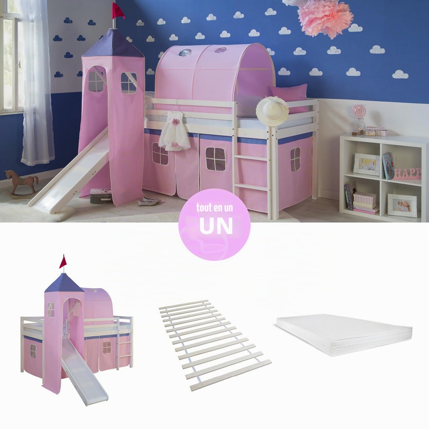 Homestyle4u 2561 - Lit mezzanine en bois blanc - 90 x 200 cm - Rideau rose - Échelle - Toboggan - Tour - Tunnel - Sommier à lattes - Matelas