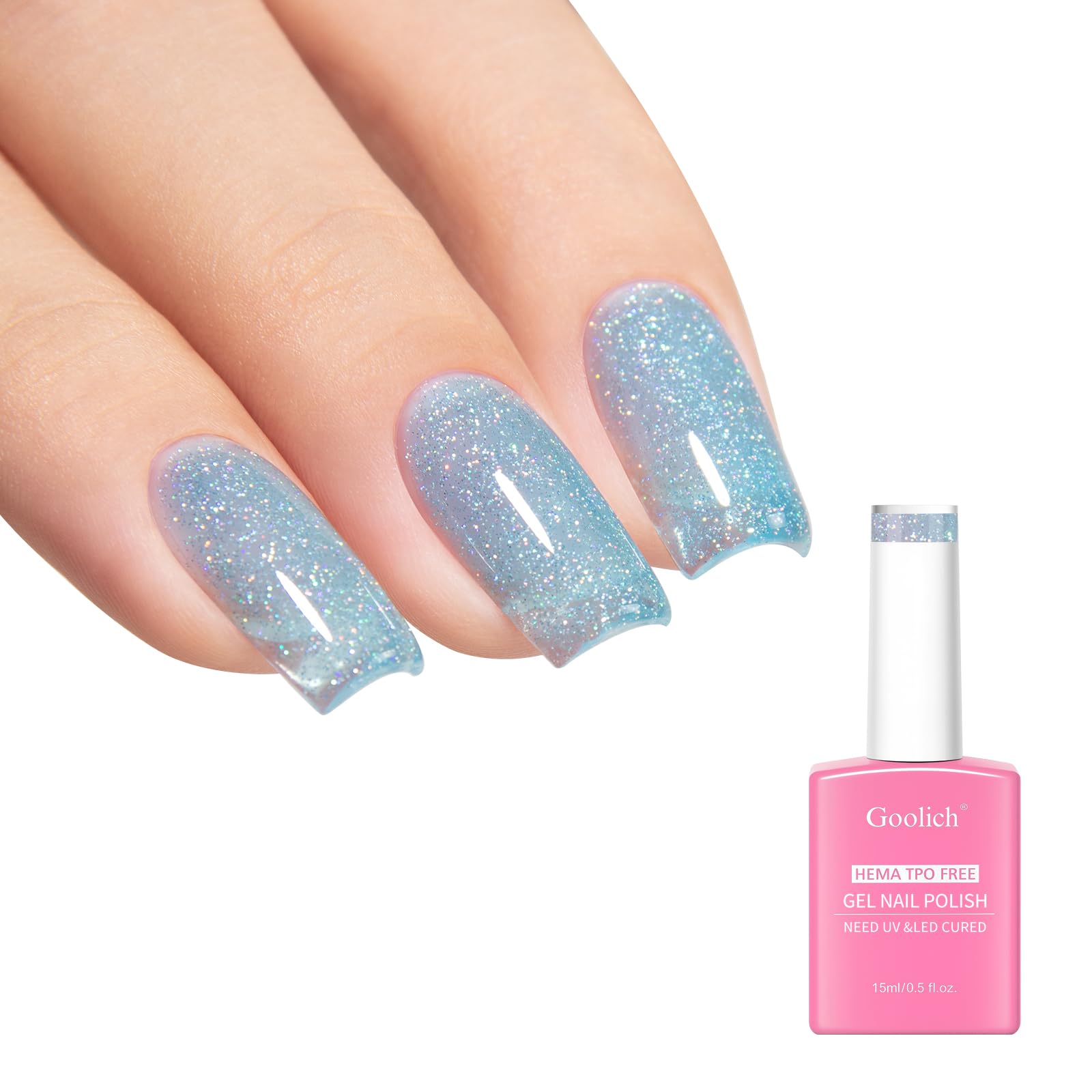 Holographic Blue Glitter Gel Polish, 0.5 Fl Oz HEMA & TPO Free Shimmer Sparkly Gel Nail Polish Soak off UV LED Nail Art Design Manicure Salon for Women Girl