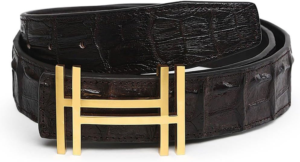 Men 's 38mm Luxury HH Top Crocodile Leather Belt (115cm/45.3inch (40-42), Black Gold)