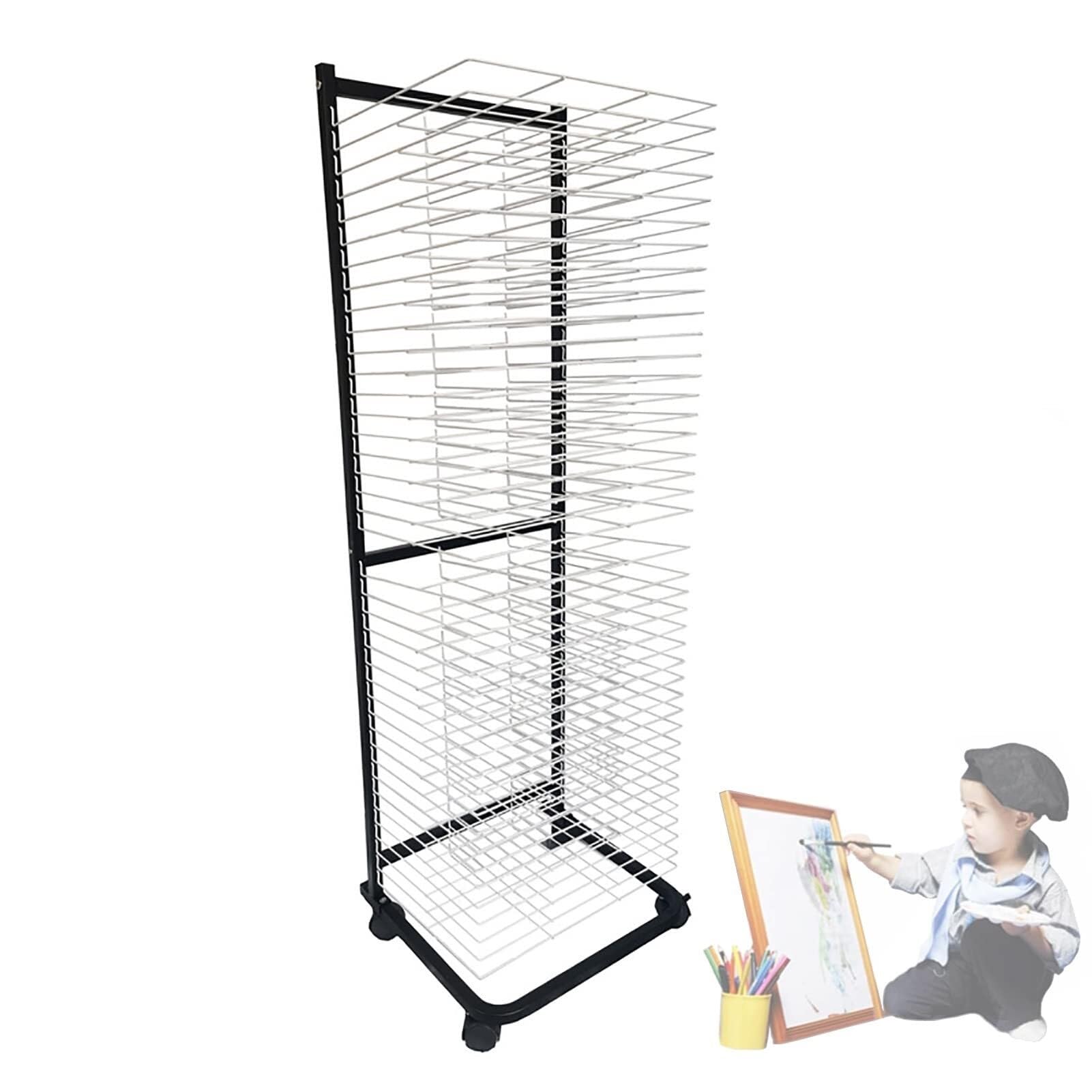 PPXCZZ 40-Layer Mobile Art Drying Rack with Wheels, Steel Wire Shelf for Classrooms, Studios, 17.3"x16.5"x55.9", Black