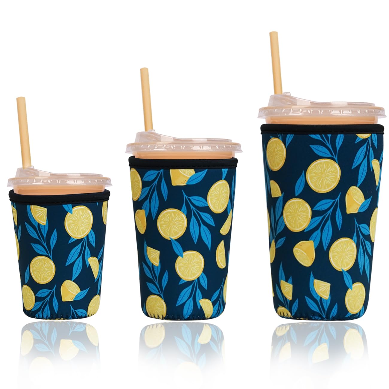 Reusable Insulated Sleeve for Iced Coffee Cup, 3-Pack Coffee Neoprene Drink Sleeve for Cold &amp; Hot Drinks, Beverage Holder for Iced Coffee (Navy Lemons)