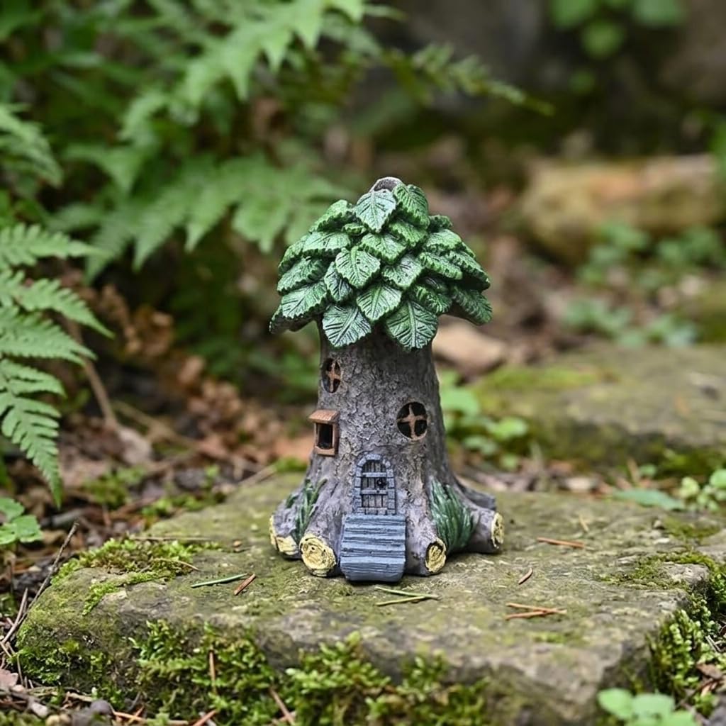 Resin Miniature Fairy House Dark Green Tree Stump Decor for