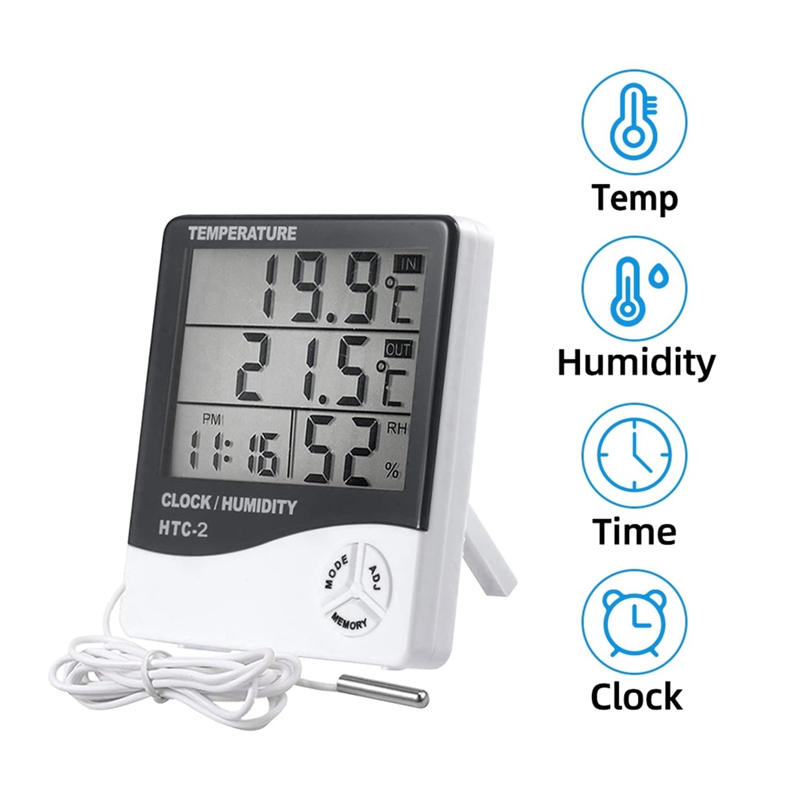 Cyfrowy miernik wilgotności i temperatury LCD, termometr, higrometr, stacja pogodowa do użytku wewnątrz i na zewnątrz, zegar, HTC-2 - na zewnątrz