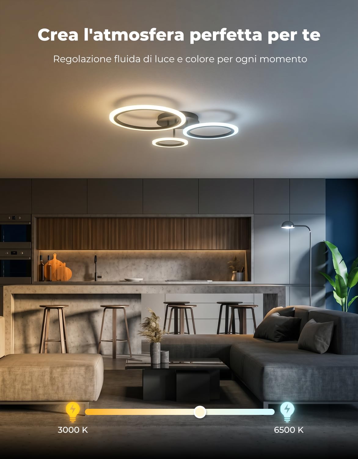 Plafoniera LED Smart a 3 Anelli, Lampadario Moderno Dimmerabile con App/Alexa/Telecomando, Luce da Soffitto 19W 1900LM (3000K-6500K) – Installazione Facile per Camera e Soggiorno, Nero