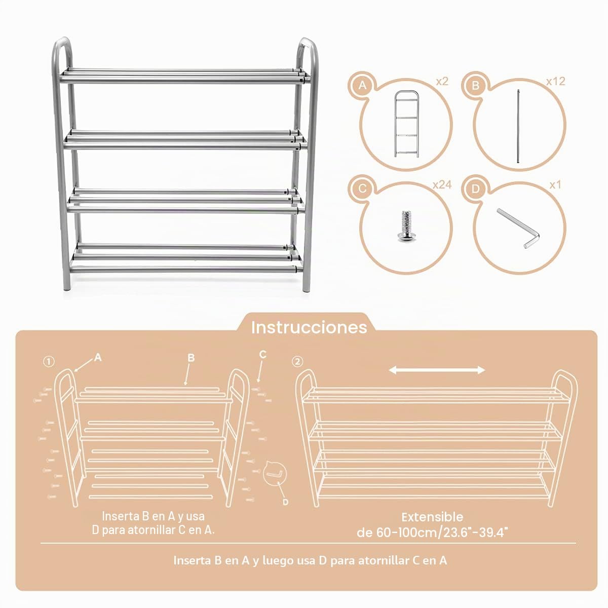 Zapatero de 4 Niveles Extensible Estable Metálico Zapateros Estanteria Resistente y Duradero para 20+ Pares de Zapatos (60-100) x 22,5 x 61,5 cm