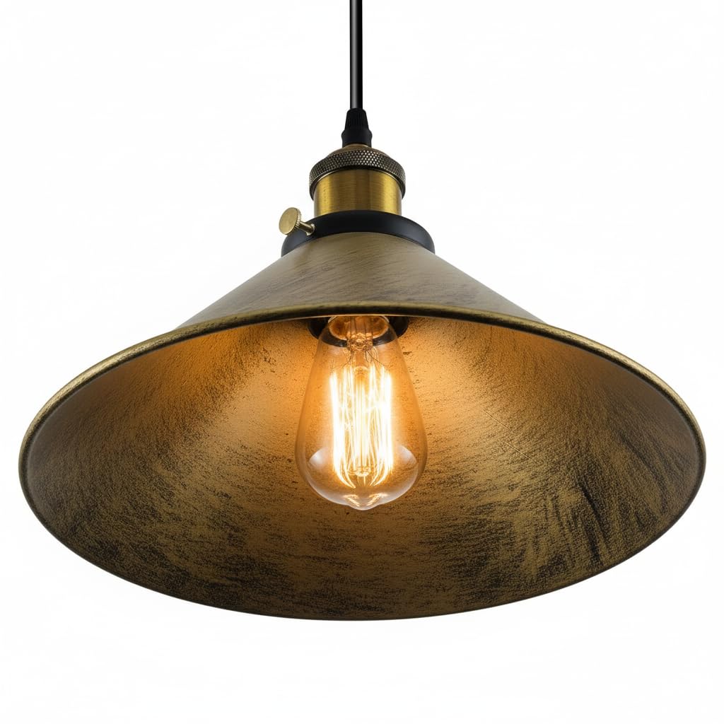 LEDSone Suspension industrielle vintage en métal argenté brossé à 3 têtes avec abat-jour conique E27 et support de plafond de 50 cm (Laiton Brossé.)