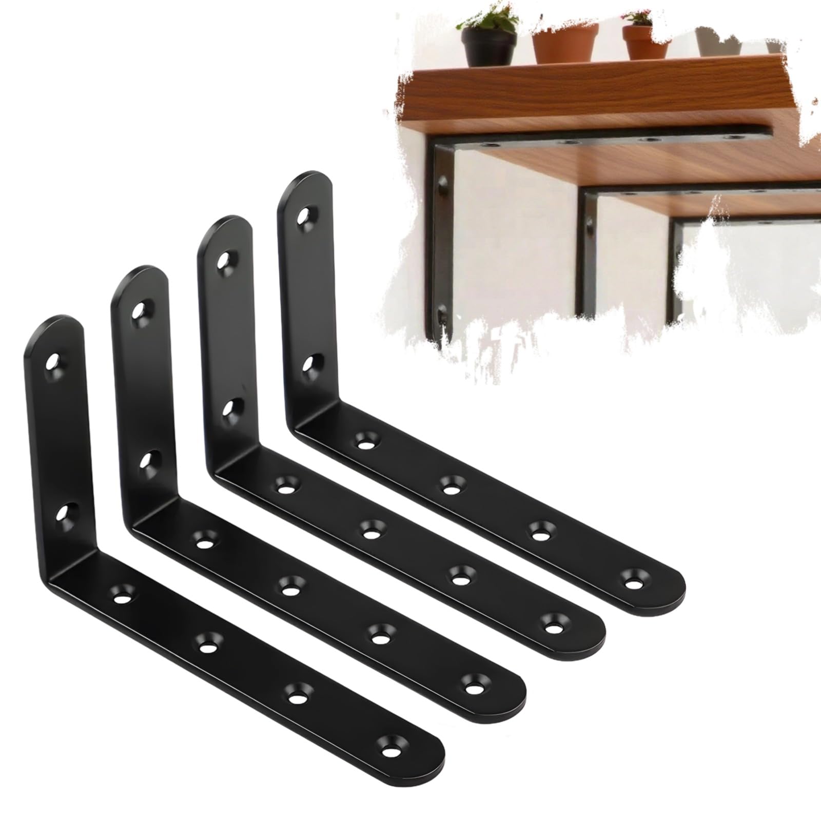 4Pcs Floating Shelf Brackets, Bracket for Shelves L Corner Brace, Stainless Steel Corner Brackets, Joint Angle Bracket for Hanging Support,Shelves Support DIY Black — image 1