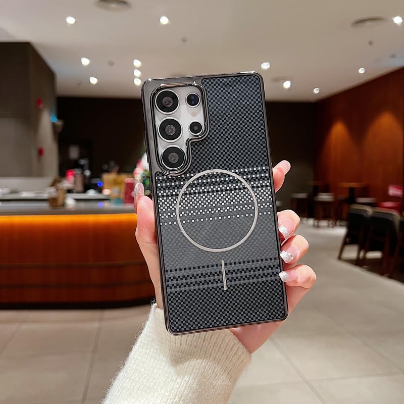 LuxuryKase Carbon Fiber Magnetic Case for Samsung Galaxy S25 Ultra | Compatible with MagSafe | Slim Shockproof Protective Cover | Precise Cutouts & Anti-Scratch | Wireless Charging Support – Black