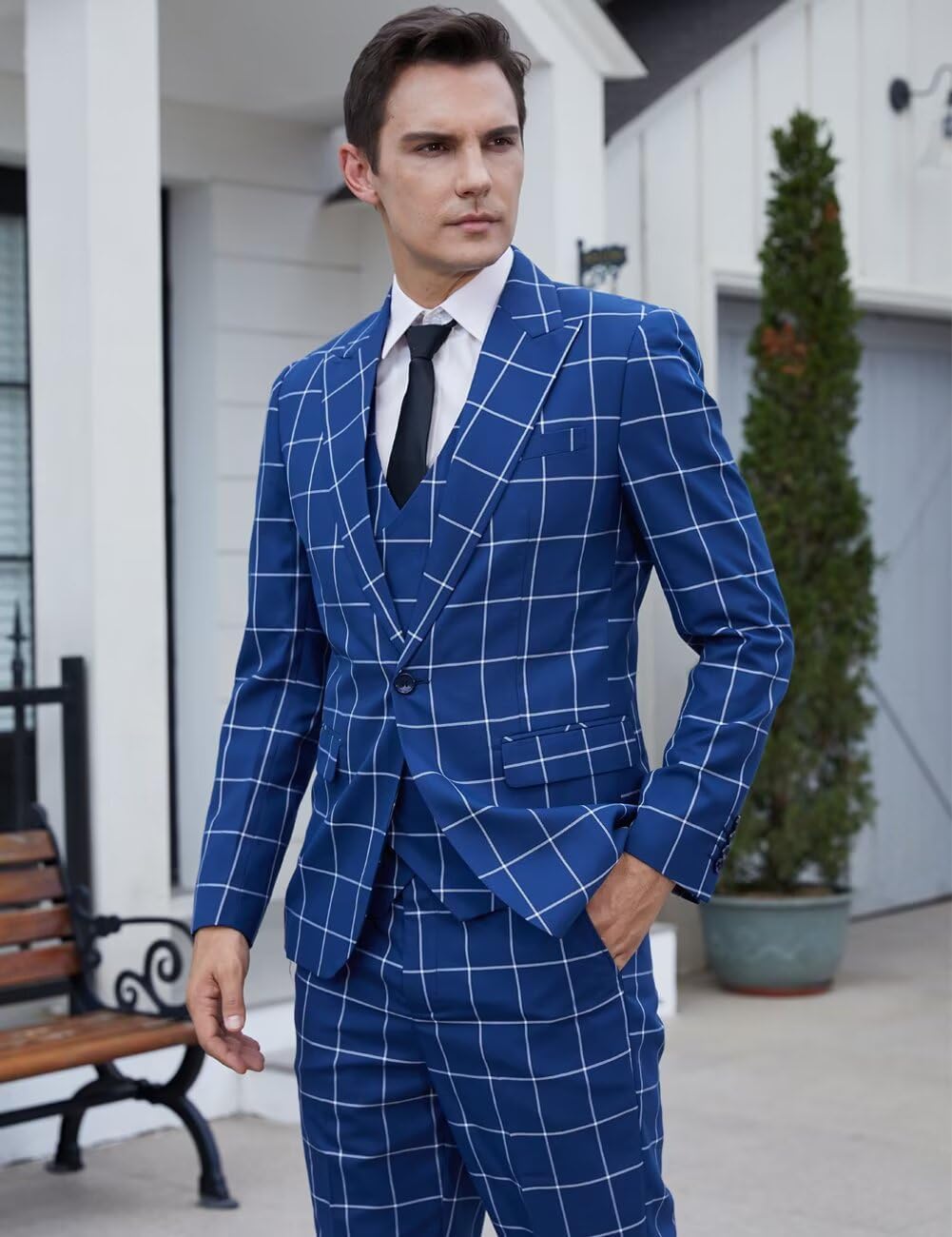 Wangyue Mens Suit Slim Fit 3 Piece Plaid Suits for Men Wedding Checked Prom Tuxedo Formal Business Dress Dinner Party