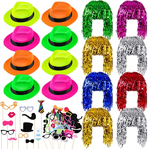 Aodaer 94 Pieces Neon Bright Party Set Funny Neon Gangster Hats Metallic Foil Tinsel Wigs Party Photo Booth Props with Glasses Neon Party Supplies for Adult, Pink, Green, Orange, Yellow