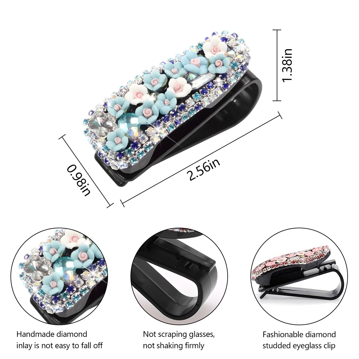 Mandark Bling Glasses Holder for Car Sun Visor, Crystal Rhinestone Vehicle Sunglasses Hanger Mount with Ticket Card Clip, Auto Eyeglasses Hanging Accessories for Women Girls, Universal Fit?Blue?