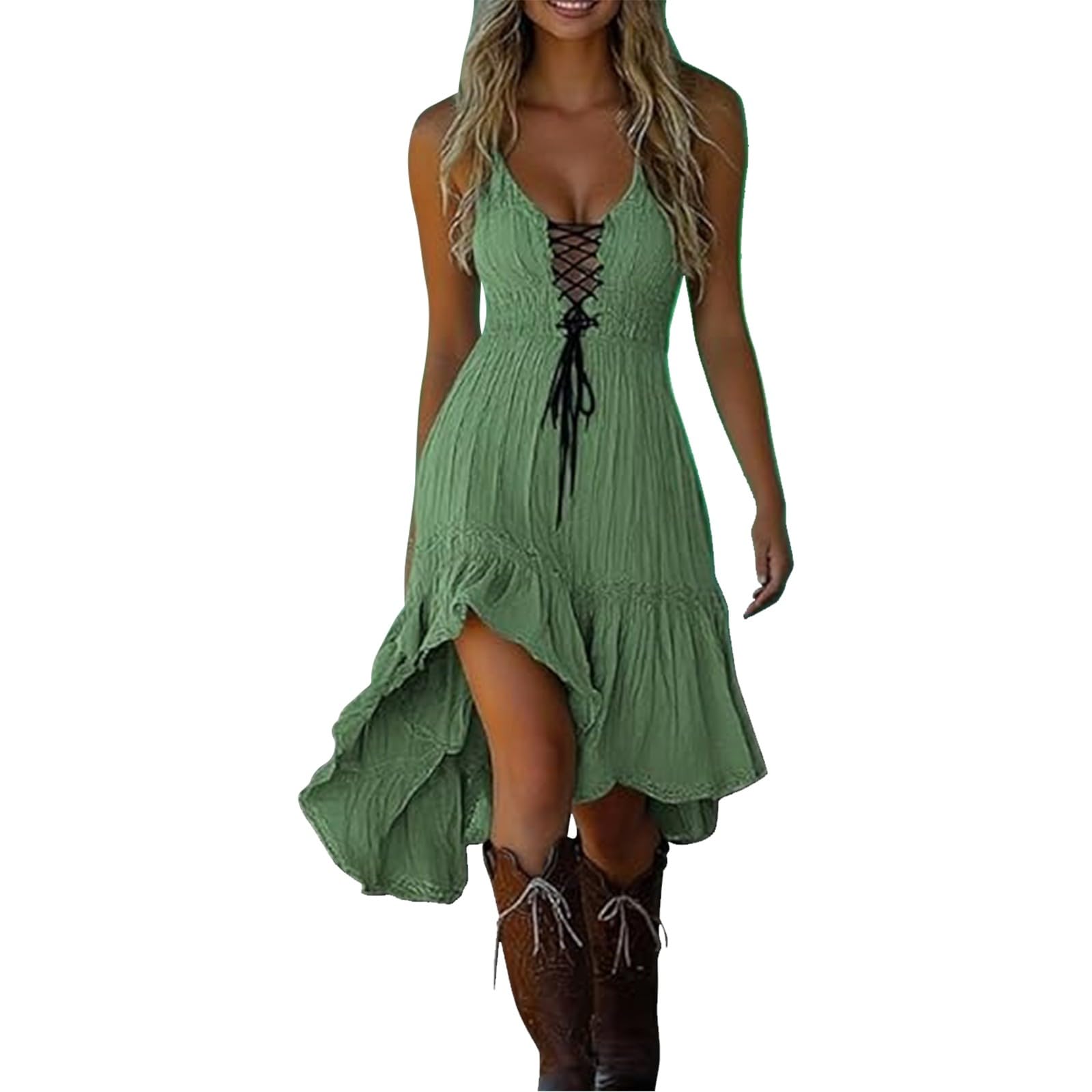 Green Women's Vintage Western Cowboy Denim Dress - Floral Lace Trim Off Shoulder Flare Dress Halloween Costume 70S Inspired Prairie Outfit Country Party Dresses Ladies Cowgirl Retro Cosplay Wear
