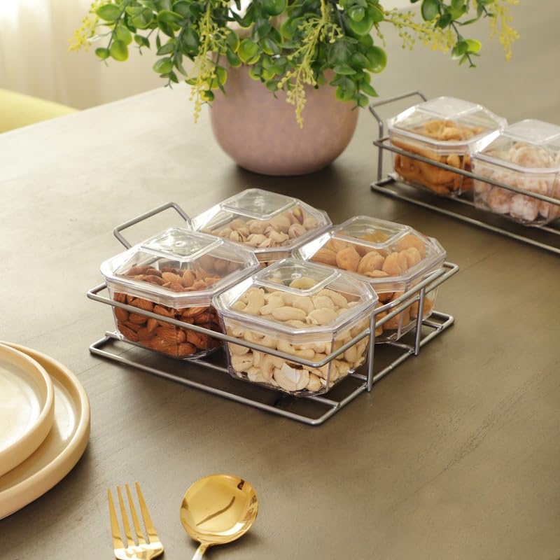 appeasy Nut and Candy Serving Tray, Divided Snack Serving Bowls, Plastic Compartment Appetizer Food Display Dish Platter with Lid-(Silver/4 Plastic Bowl/Metal Frame Tray) 2