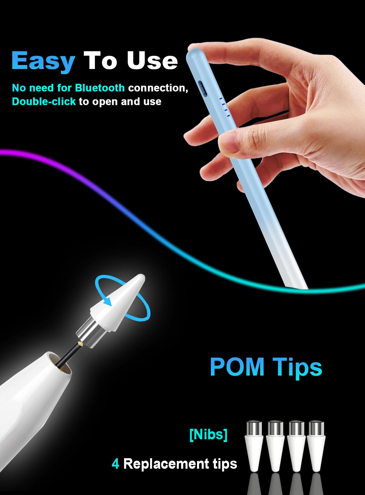 Lápiz capacitivo para tableta Android / teléfono con puntas de pompón, lápiz capacitivo de carga rápida para iPhone, lápiz magnético activo compatible con Samsung A9+, iPhone y otros dispositivos