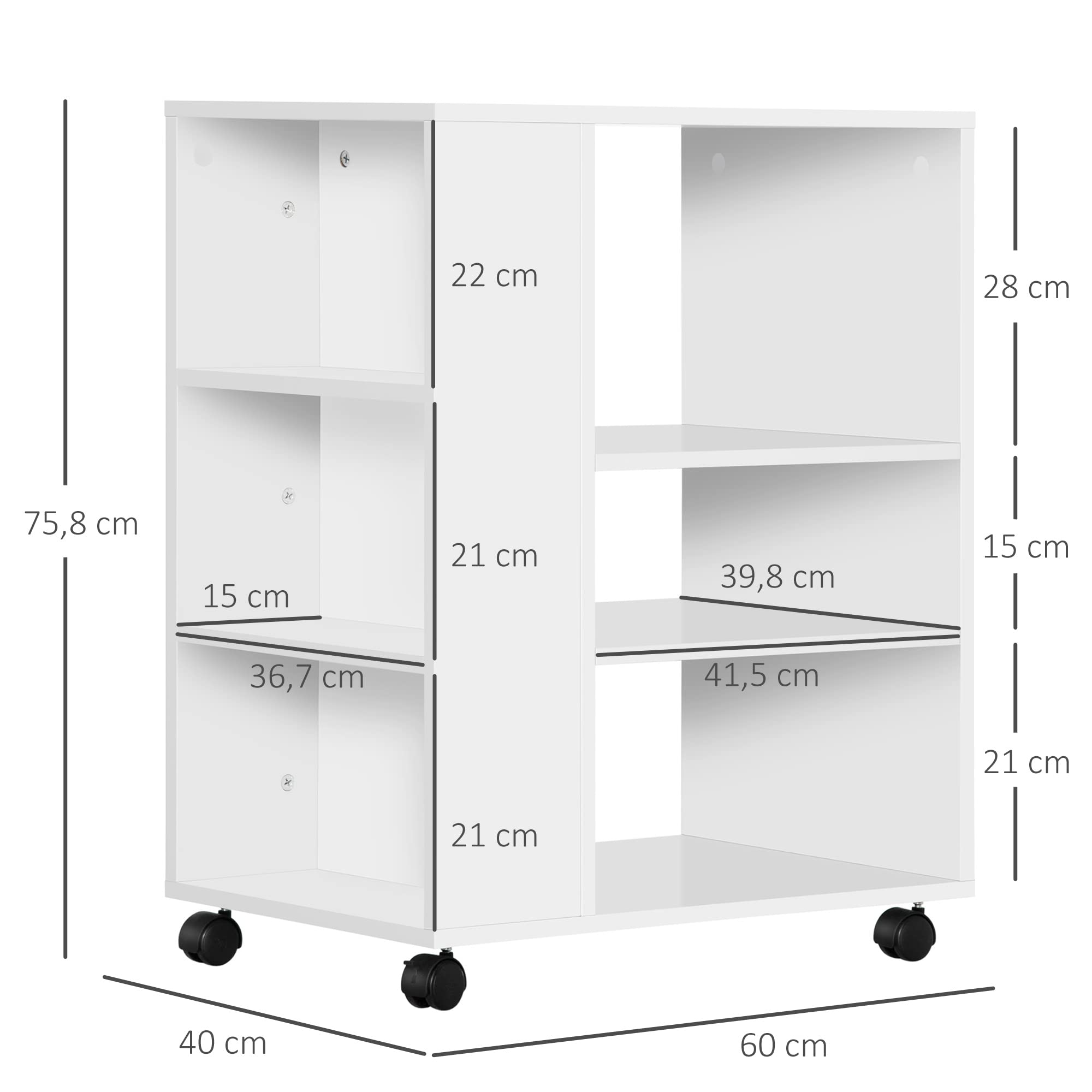 Vinsetto Mobiletto per stampanti e accessori per ufficio su ruote con 3 ripiani laterali e 2 freni Carico 30 kg per camera da letto cucina soggiorno 60x40x75,8 cm Bianco