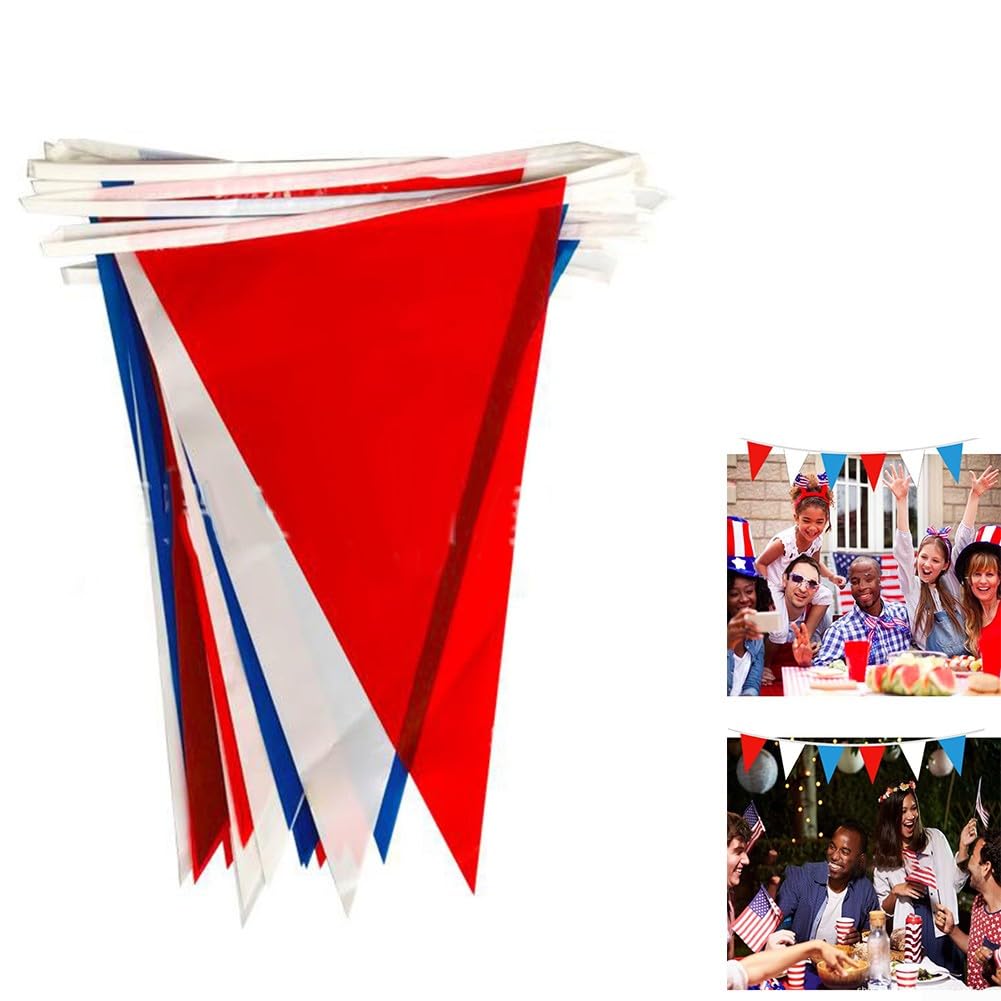 50 Flaggen 18 m Wimpelkette, rot, blau, weiß, Dreiecksflaggen, Wimpelbanner für Krönung, Hochzeit, Geburtstag, Party, Zuhause, Festival, Gartendekoration