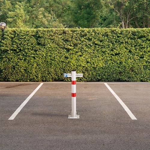 Relaxdays Absperrpfosten, klappbar, Stahl, Parkplatz Absperrung, H: 65 cm, abschließbar, runder Parkpfosten, weiß/rot