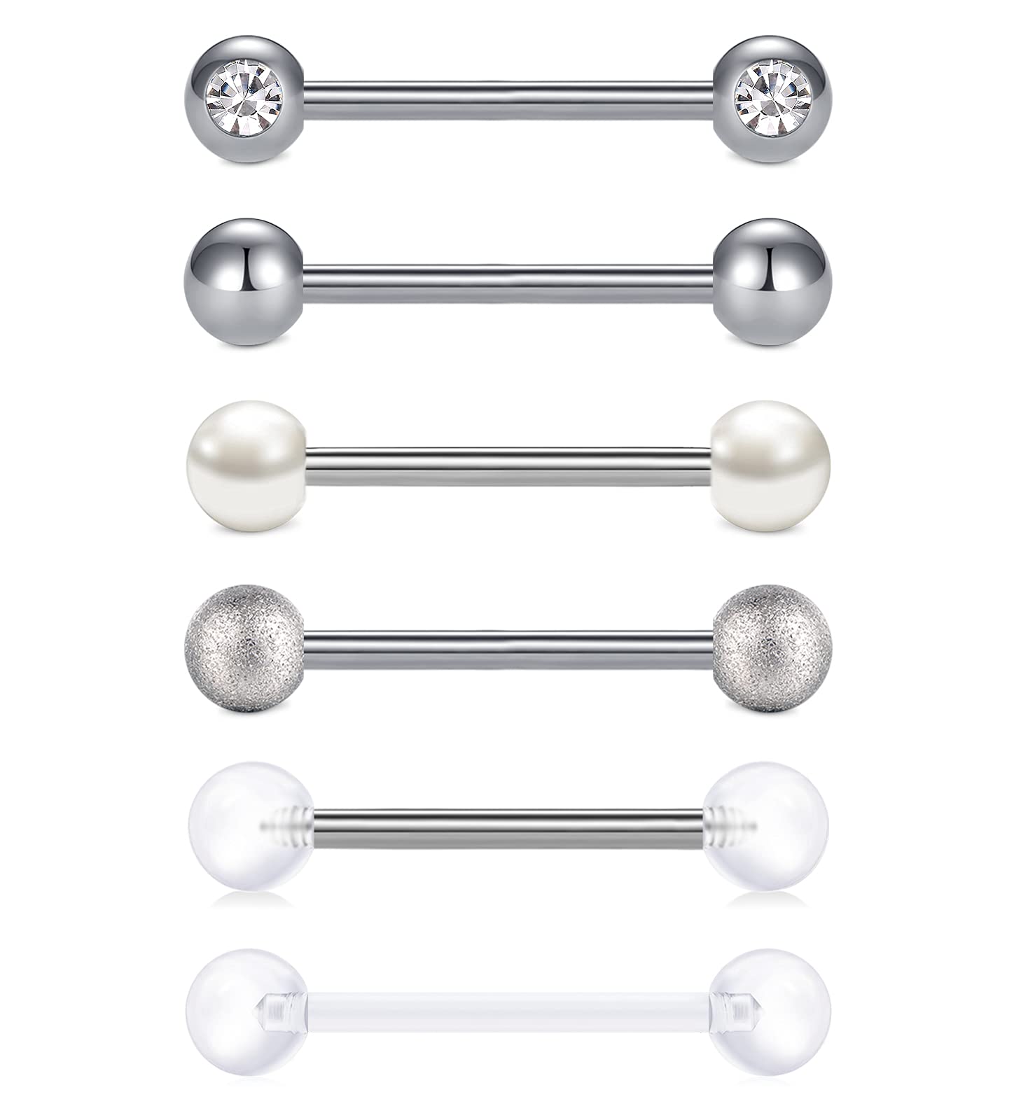 vcmart 5er Zungenpiercing 16mm Barbell Set 14 Gauge aus Chirurgenstahl Kunststoff mit Verschieden Kugeln