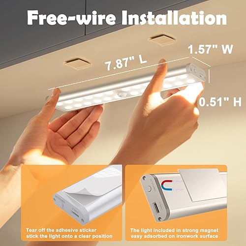 Miniatura 5 de SZOKLED Luces con sensor de movimiento para debajo del gabinete, 58 luces LED RGB inalámbricas, 1100 mAh recargable debajo del gabinete, luces