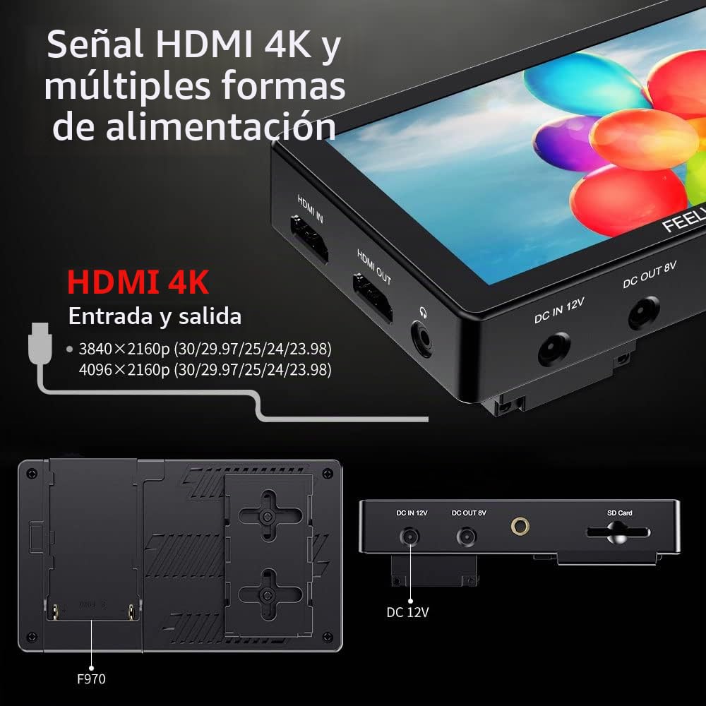 Feelworld LUT5 5.5 Pulgadas Touchscreen DSLR Monitor de Campo 3000nit Brillo Ultra Alto1920x1080 IPS 4K 30Hz HDMI Entrada Salida Kit de Alimentación Externa F970