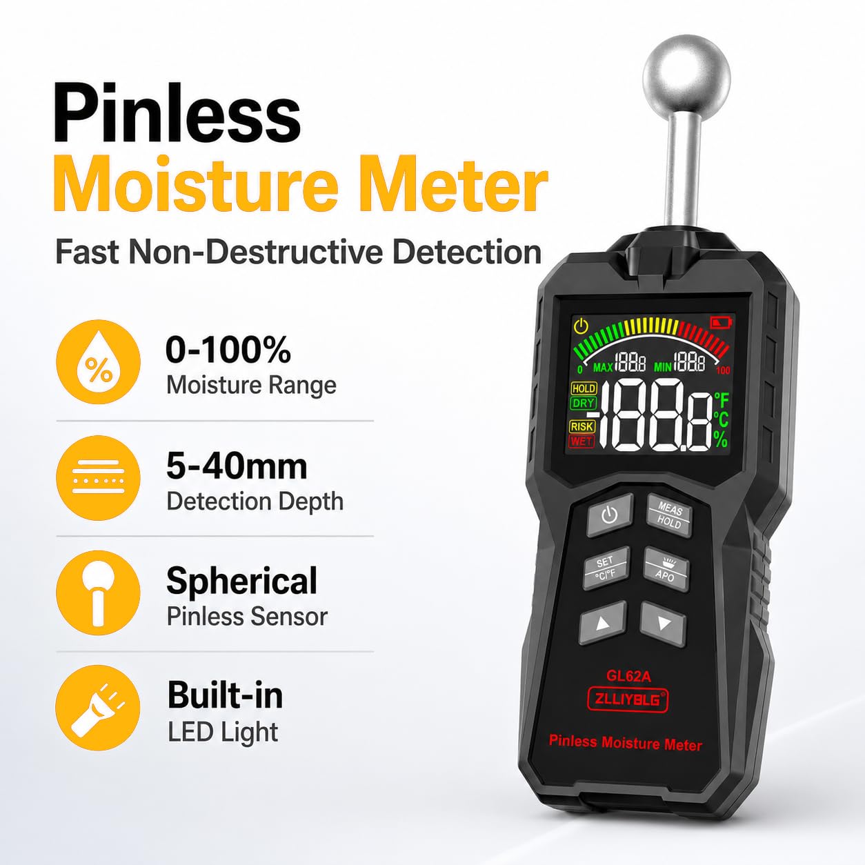 Pinless Moisture Meter - Detect Wood, Walls & Leaks -8