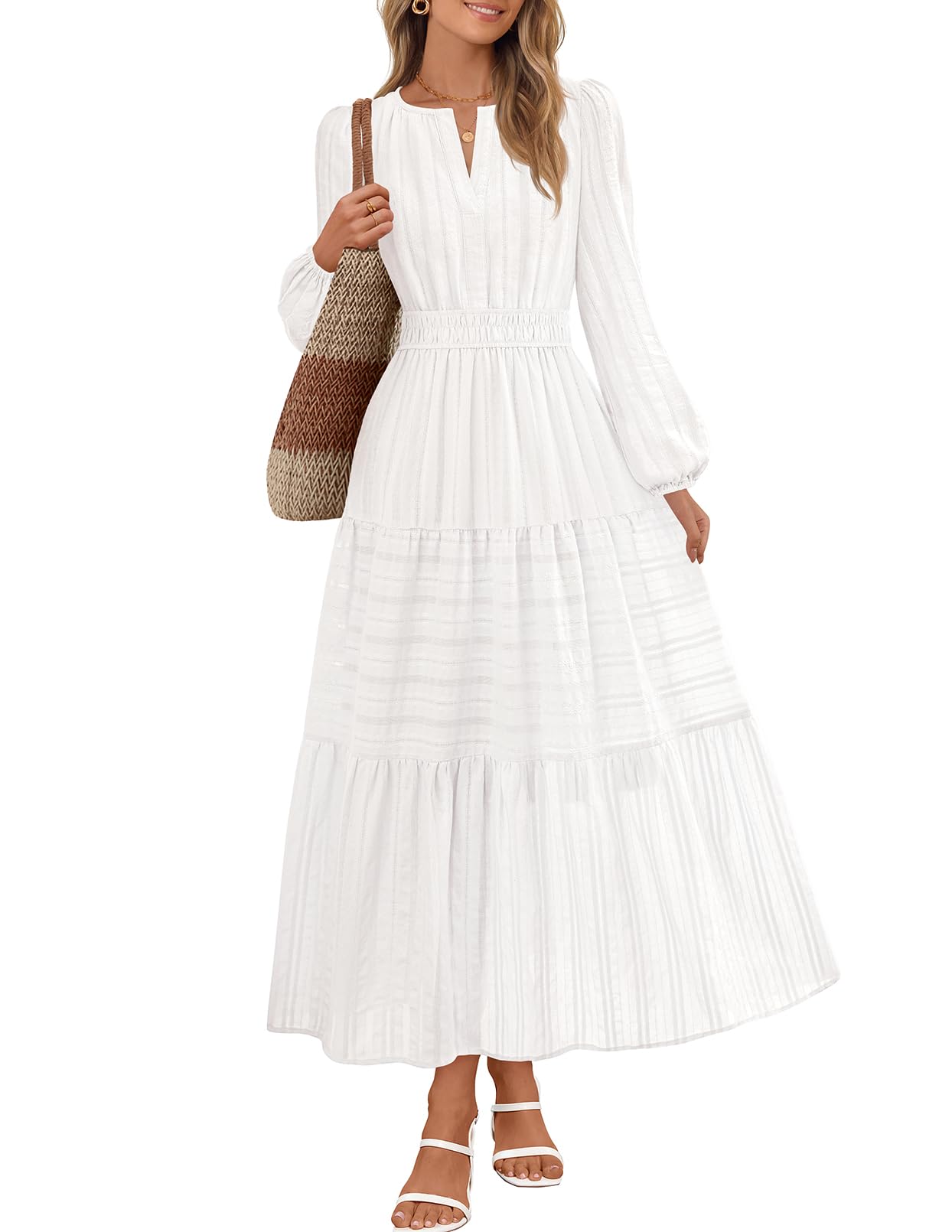 Winter Spring Midi Dresses for Women 2026 Casual Vacation Long Sleeve V Neck Tiered Cotton Maxi Dress Pockets