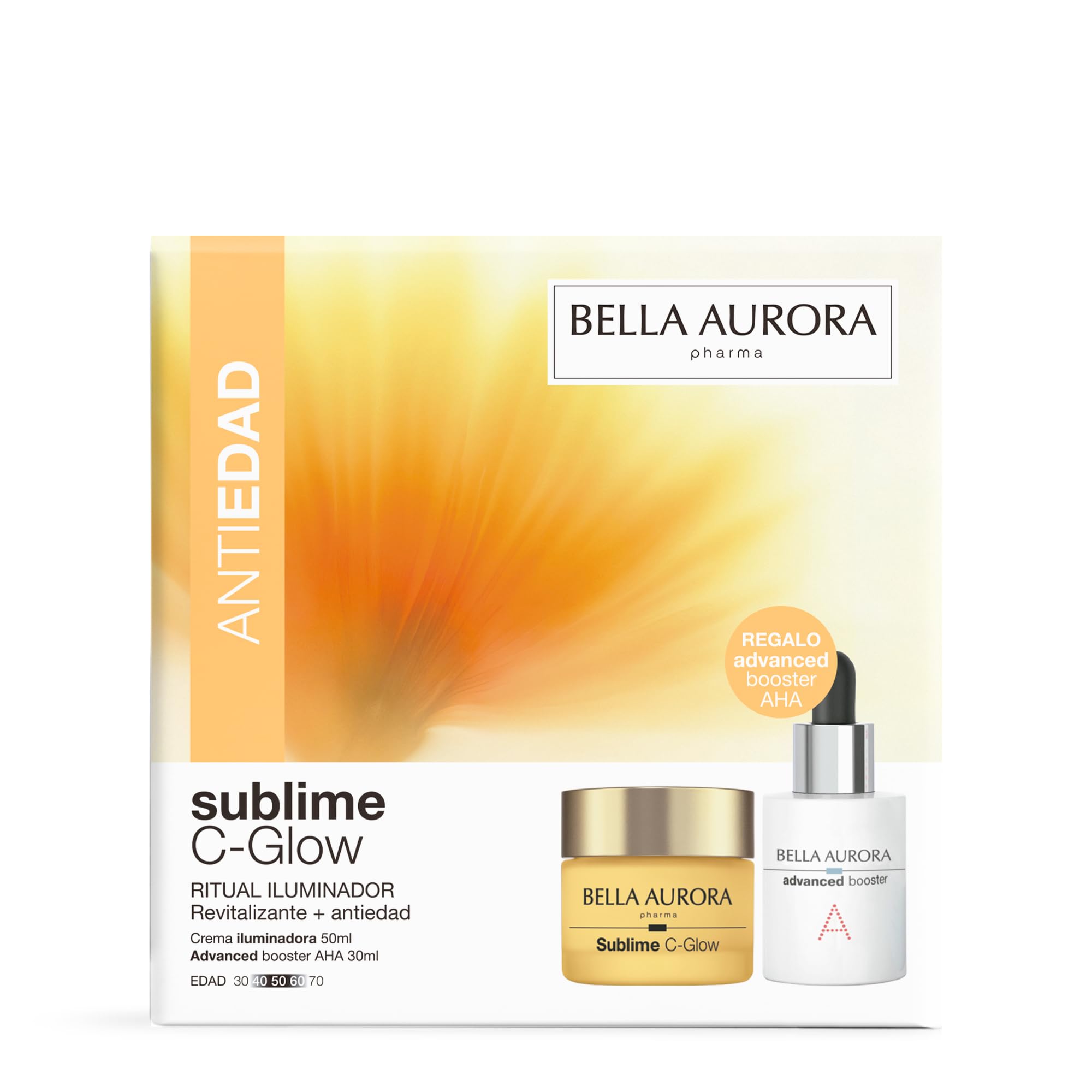 Bella Aurora Pack Sublime C-Glow con Advanced Booster AHA 6% | Ritual Iluminador y Antiedad | Vitamina C Estabilizada | Peeling Suave Renovador | Unifica el Tono y Mejora la Textura | 50 + 30 ml