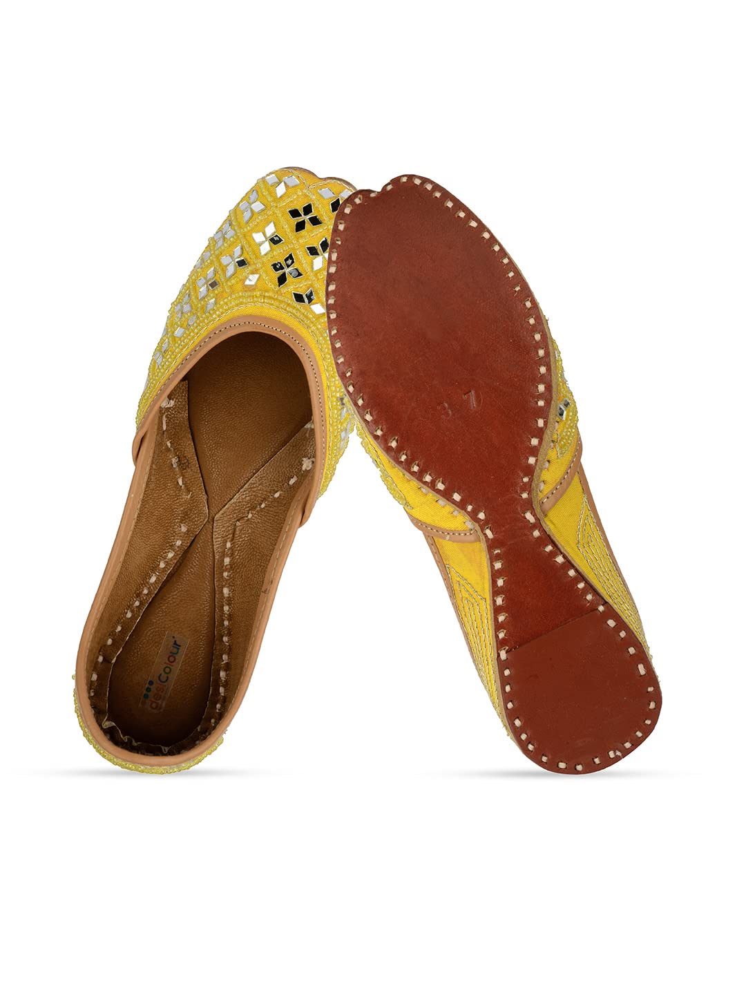 DESI COLOUR Leather Mojari Punjabi Jutti for Women Ethnic Footwear- Mirror (Yellow, Numeric_4) 3
