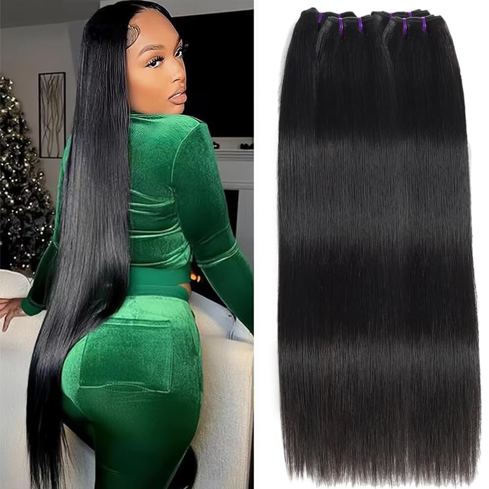 Luduna Straight Human Hair Bundles 100% Unprocessed Brazilian Virgin Human Hair 16A Straight 4 Bundles for Black Women Natural Black
