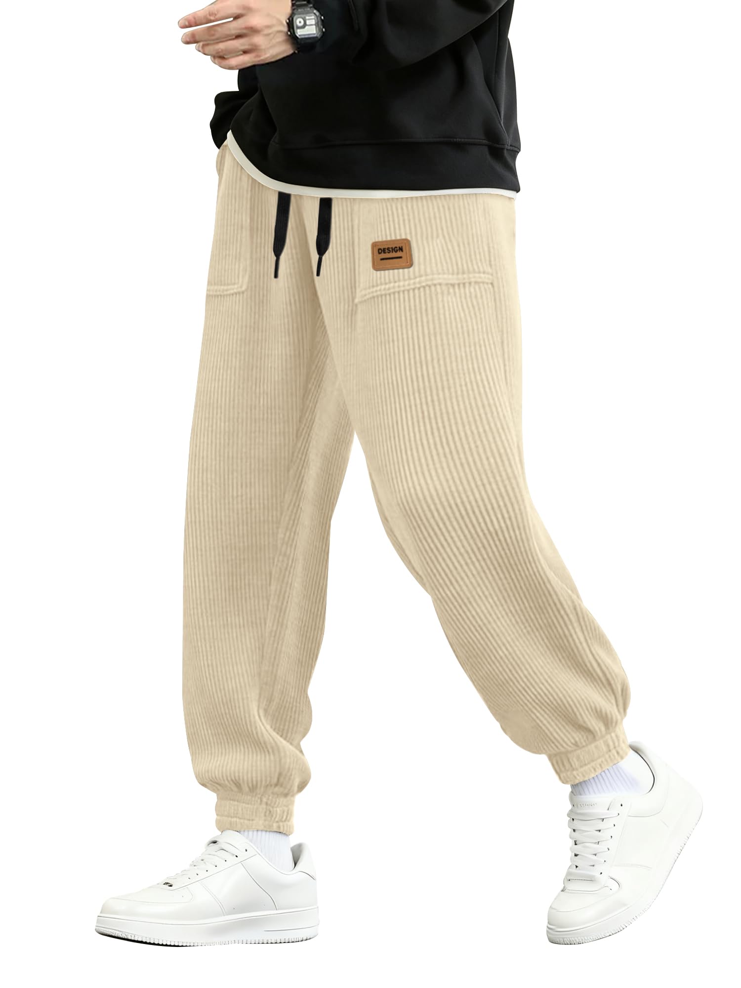 PLEPAN Mens Corduroy Pants Casual Cargo Joggers for Men Tapered Baggy Sweatpants Drawstring Elastic Waist Pants with Pockets