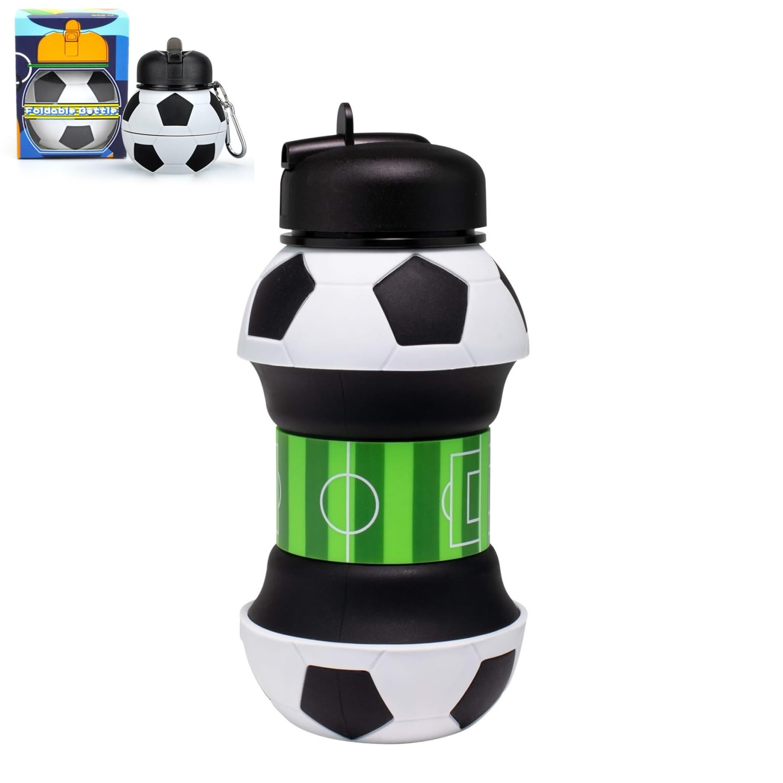 Football Water Bottle, 550ml Silicone Collapsible Water Bottle, with Football, Keychain & Carry Strap, Portable Footballs Themed Cup for Outdoor Sports Fan Gift (1PC)