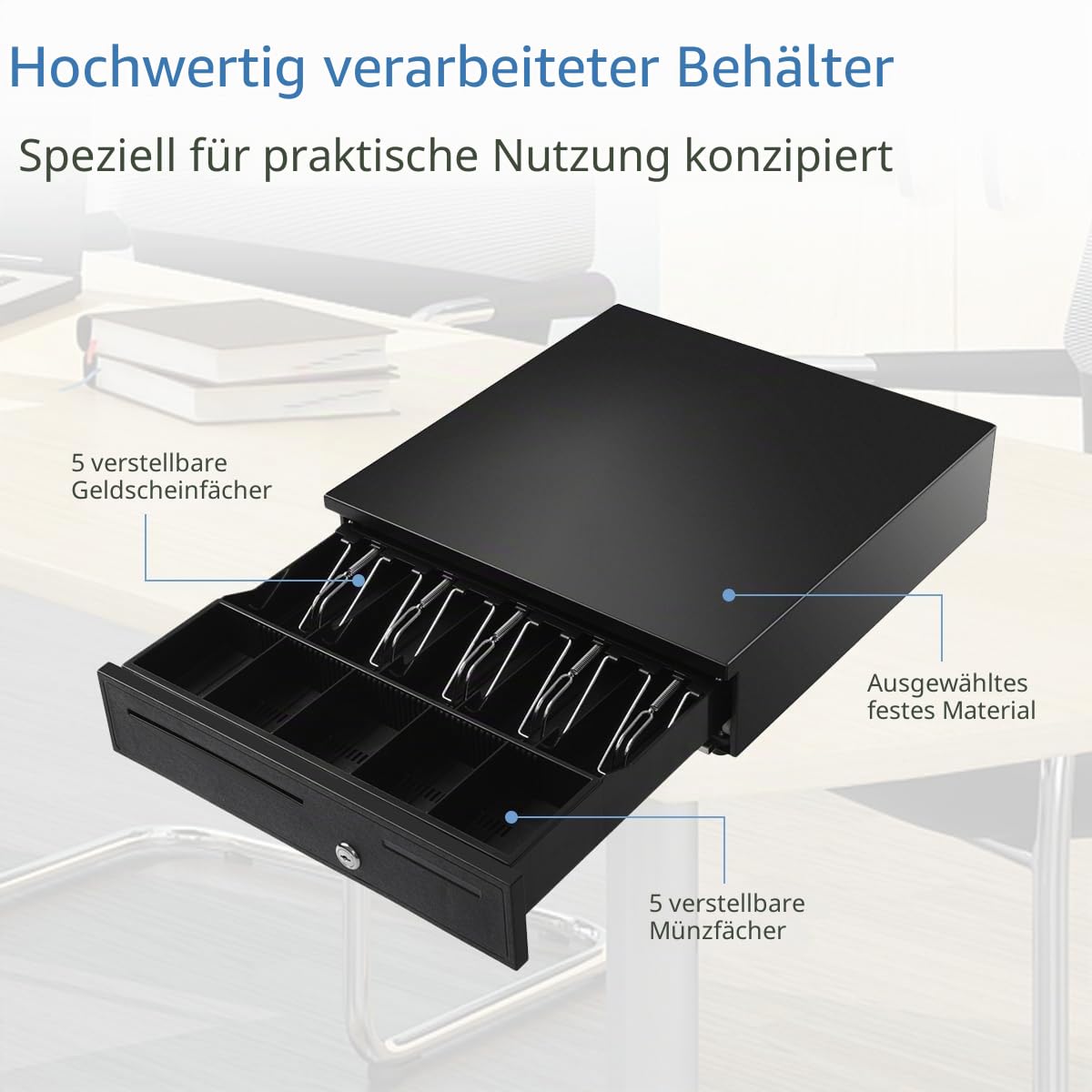 SOARS Kassenschublade elektrisch, Kassenlad mit 5 Münz & 5 Scheinfächern | Geldlade mit elektrischer & manueller Öffnung, Geldbox Geldkassette, 40,5 x 42 x 10 cm, Schwarz