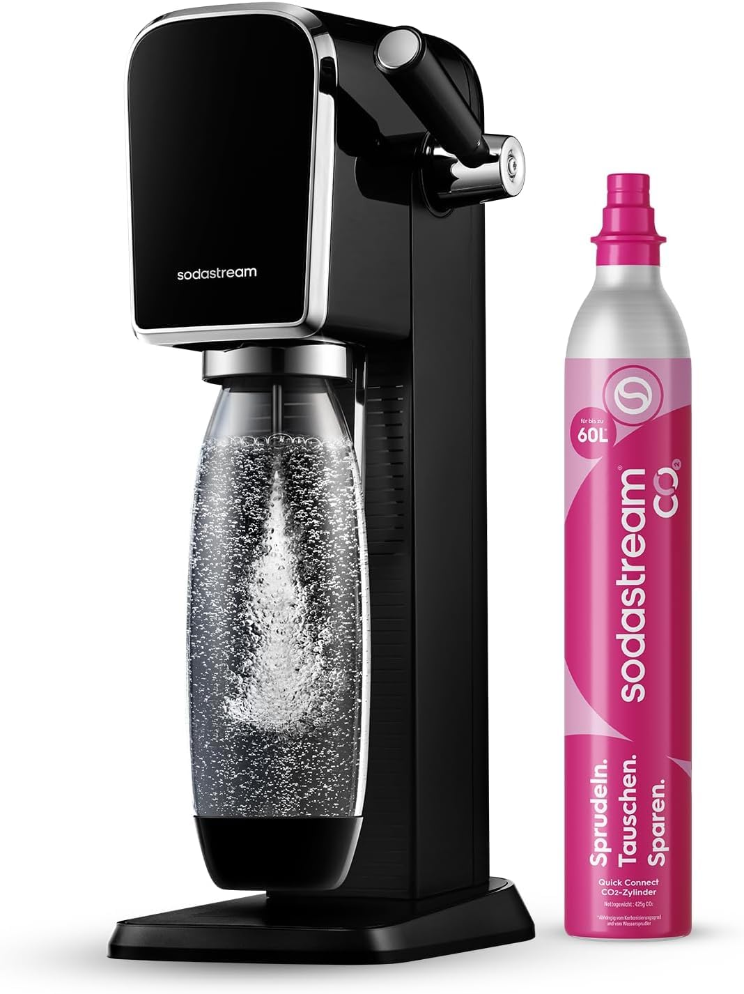 SodaStream Gasatore d'acqua Art, include cilindro di Co2 per realizzare fino a 60 Litri di acqua frizzante, bottiglia da 1 L lavabile in lavastoviglie, riduce i rifiuti di plastica, colore nero.