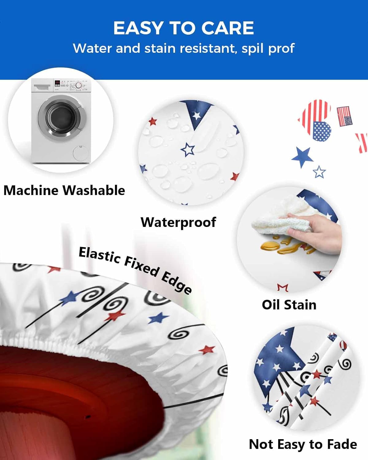Independence Day Patriotic Star Elastic Fitted Round Table Covers Tablecloths, 4th of July Blue Waterproof Outdoor Table Cover for Party, Picnic/Patio/Dining Table Cloth, Fits Tables up to 45"-54"