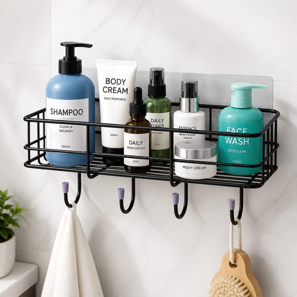 Bathroom Shelf Self Adhesive No Drill | Wall Mounted Stainless Steel Bathroom Organizer Rack with Hooks | Rust Proof Storage Shelf for Shampoo, Soap, Face Wash & Kitchen Accessories-image-12